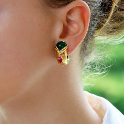 Green and pink tourmaline half hoop clip on earrings in gold