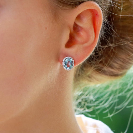 2.96ct Aquamarine and Diamond Oval Cluster Stud Earrings