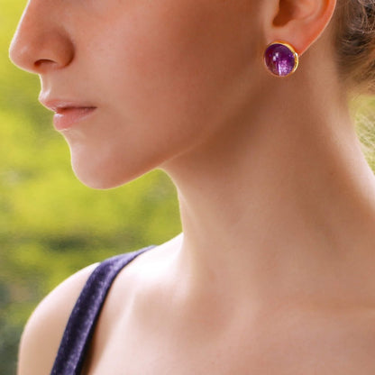Large Cabochon Amethyst Dome Stud Earrings