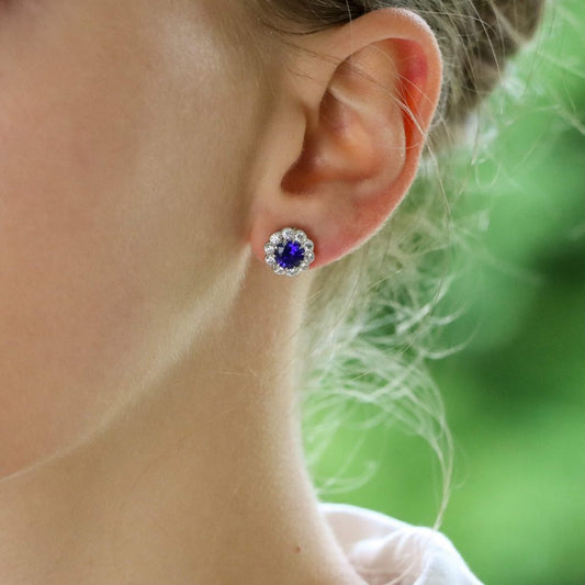 2.10ct Sapphire and Diamond Round Cluster Stud Earrings