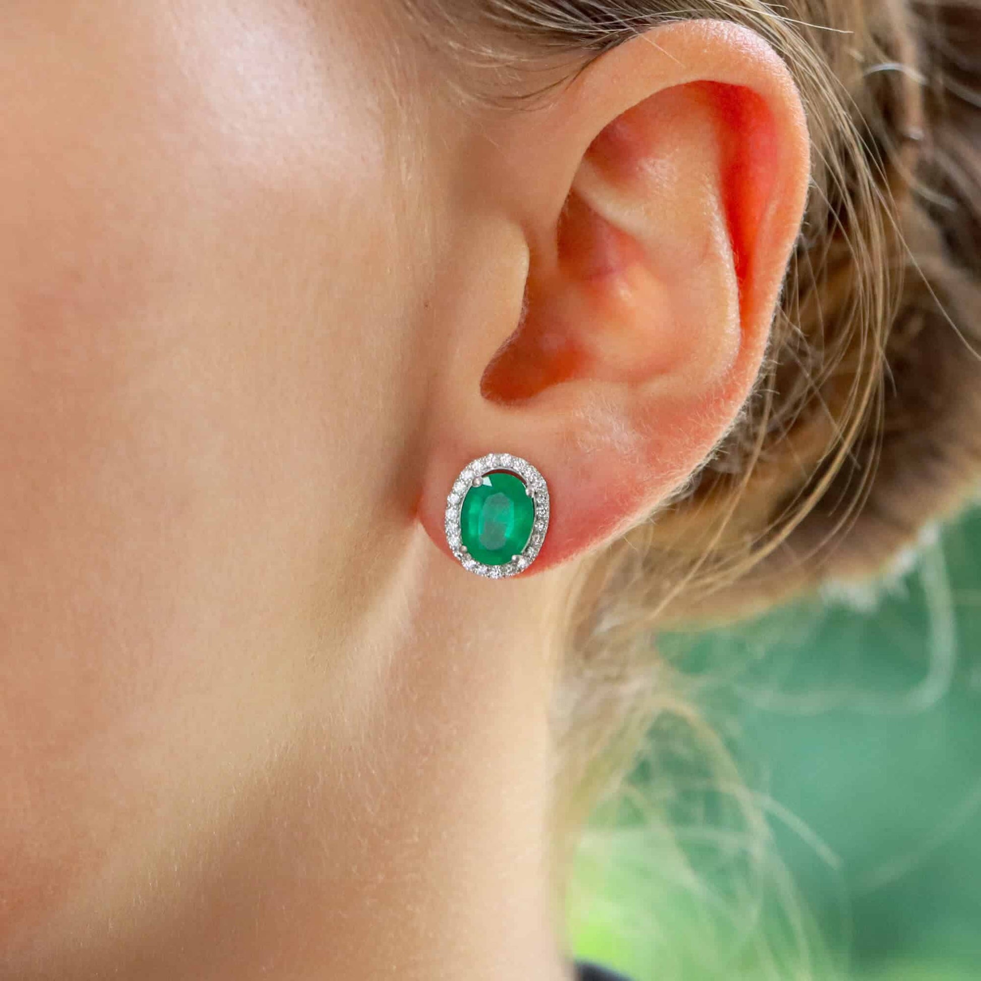 3.24ct Emerald and Diamond Oval Halo Cluster Earrings in 18ct White Gold