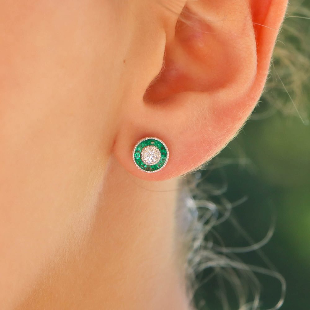 Emerald and Diamond Target Cluster Stud Earrings