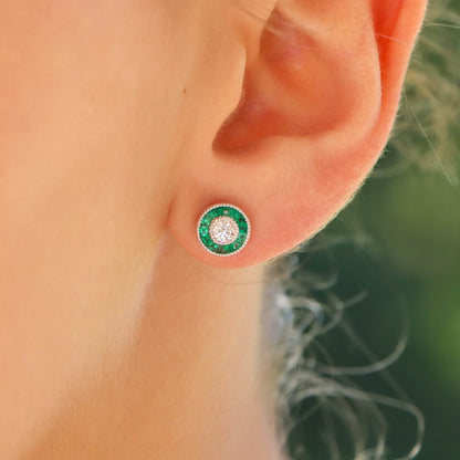 Emerald and Diamond Target Cluster Stud Earrings