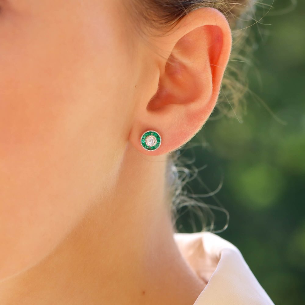 Emerald and Diamond Target Cluster Stud Earrings