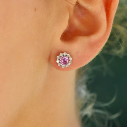 Pink Sapphire and Diamond Floral Cluster Earrings