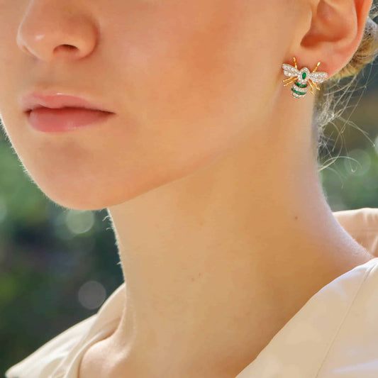 Modern Emerald and Diamond Bee Earrings