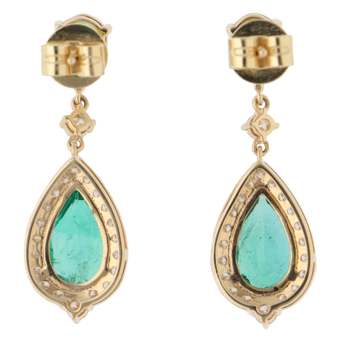 A pair of emerald and diamond cluster drop earrings in yellow gold, on a white background