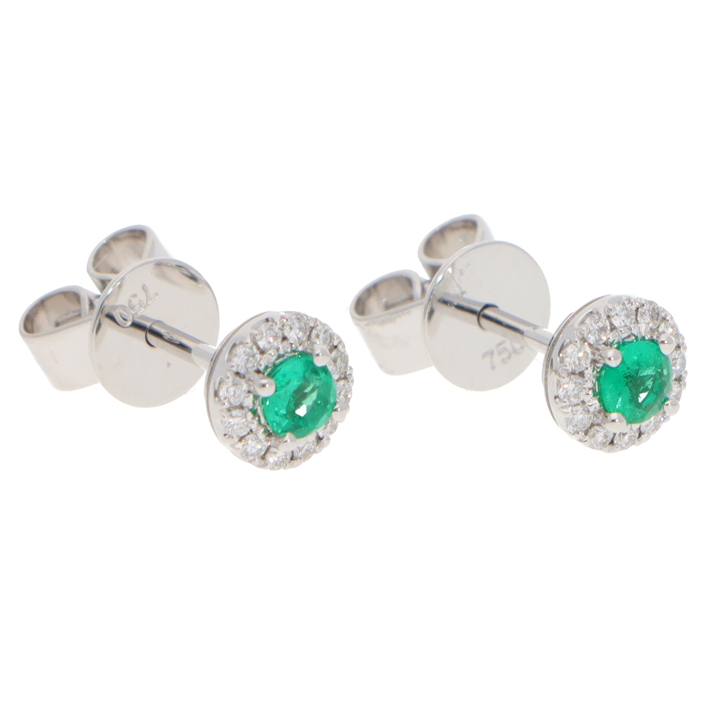 A pair of emerald and diamond round cluster stud earrings in white gold, on a white background