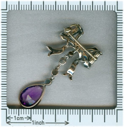 Antique Victorian Diamond, Amethyst and Pearl Bow Brooch