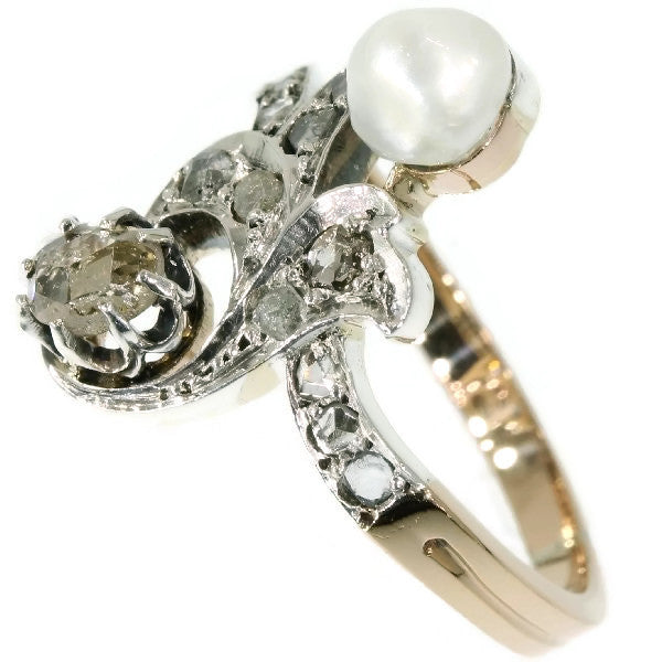 Antique Victorian Rose Cut Diamond and Pearl Cross Over Ring