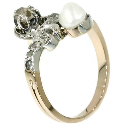 Antique Victorian Rose Cut Diamond and Pearl Cross Over Ring