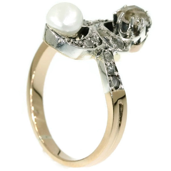 Antique Victorian Rose Cut Diamond and Pearl Cross Over Ring
