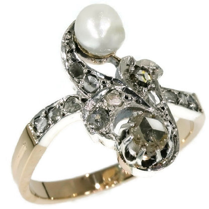 Antique Victorian Rose Cut Diamond and Pearl Cross Over Ring