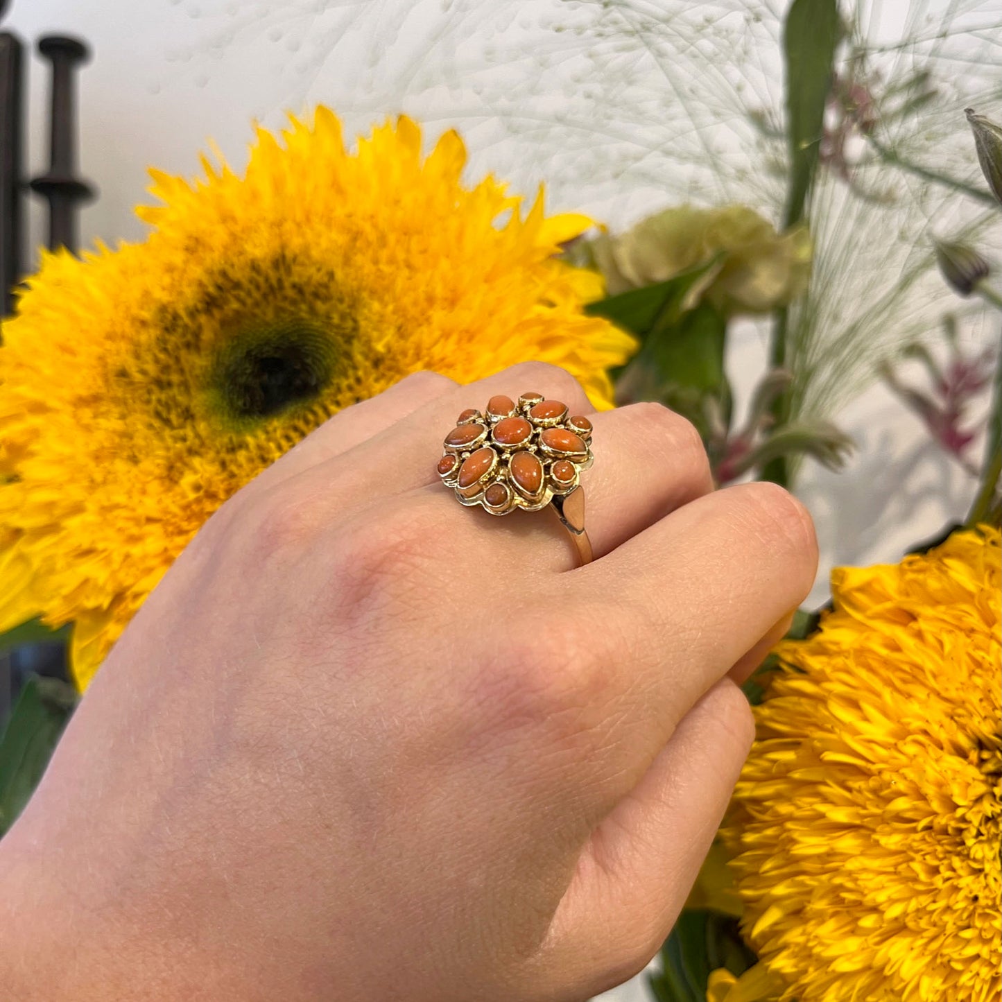 Vintage 14 Carat Yellow Gold Coral Flower Cluster Ring
