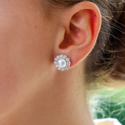 Pearl and Diamond Cluster Earrings in 18ct White Gold