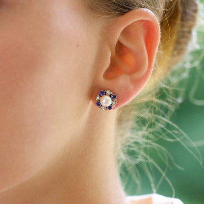Sapphire Diamond and Pearl Cluster Stud Earrings