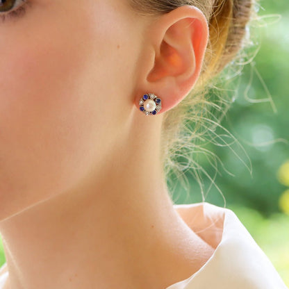 Sapphire Diamond and Pearl Cluster Stud Earrings