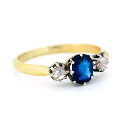 Vintage 14 Carat Yellow Gold, Silver, Sapphire and Diamond Three Stone Ring