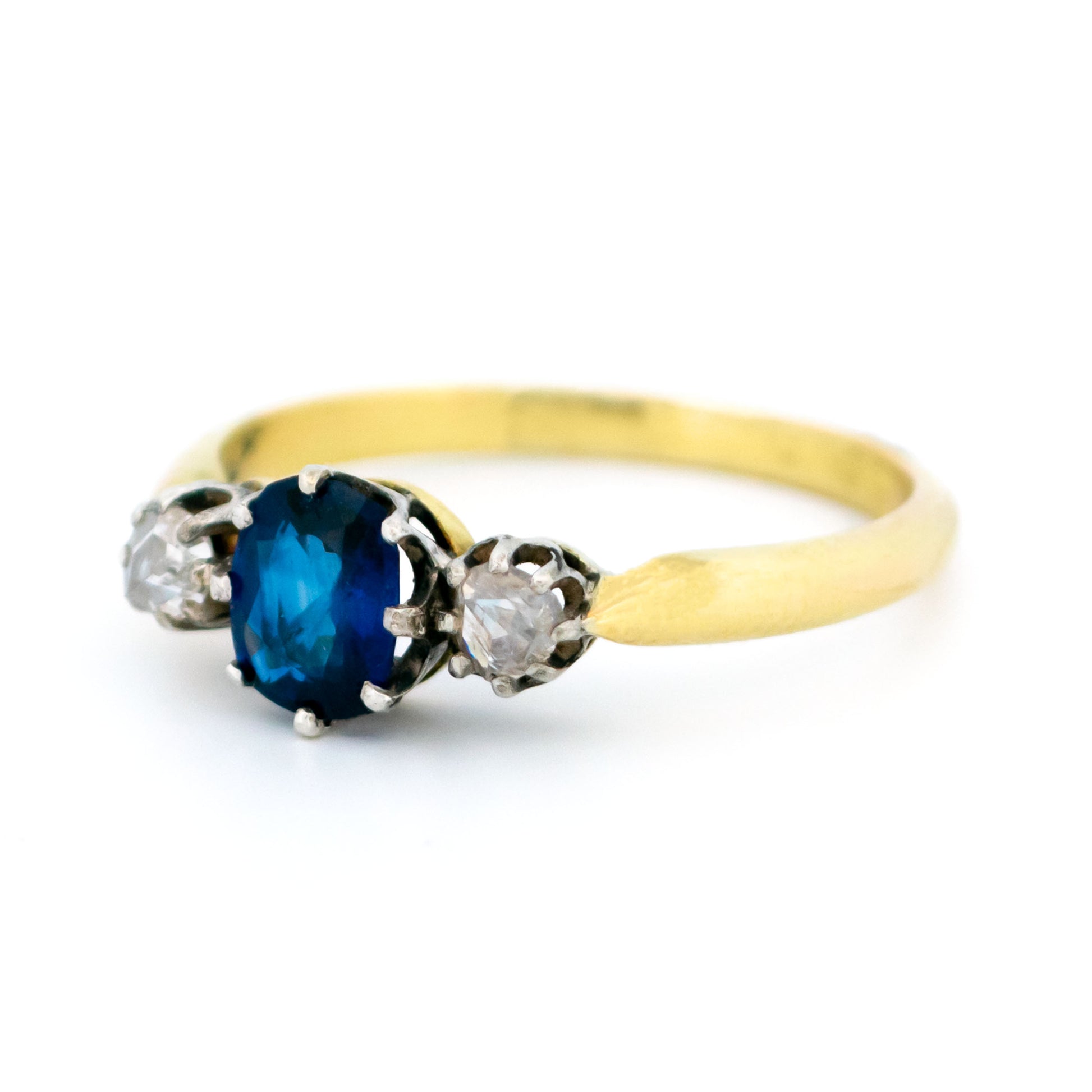 Vintage 14 Carat Yellow Gold, Silver, Sapphire and Diamond Three Stone Ring