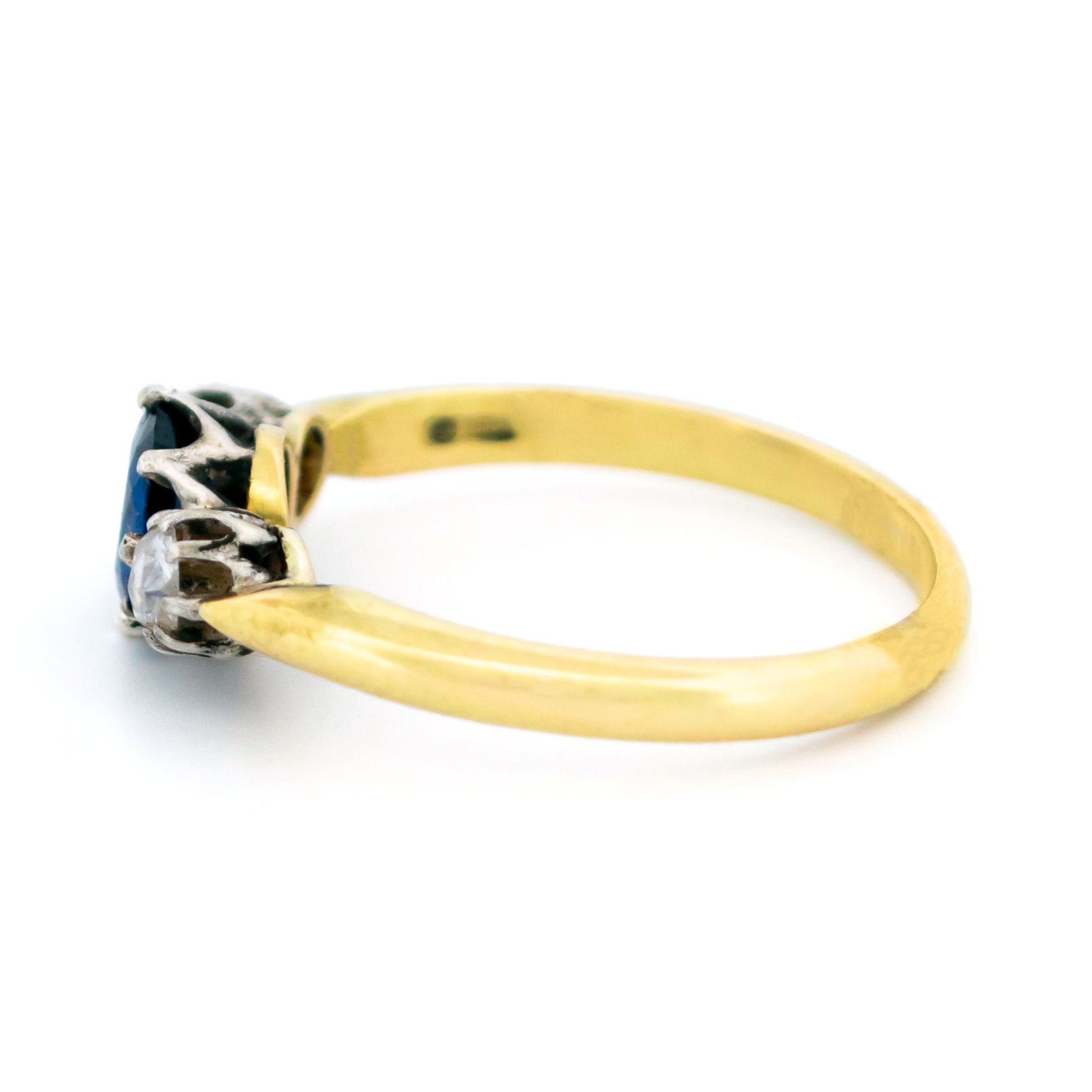 Vintage 14 Carat Yellow Gold, Silver, Sapphire and Diamond Three Stone Ring