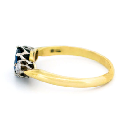 Vintage 14 Carat Yellow Gold, Silver, Sapphire and Diamond Three Stone Ring