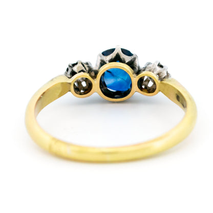 Vintage 14 Carat Yellow Gold, Silver, Sapphire and Diamond Three Stone Ring