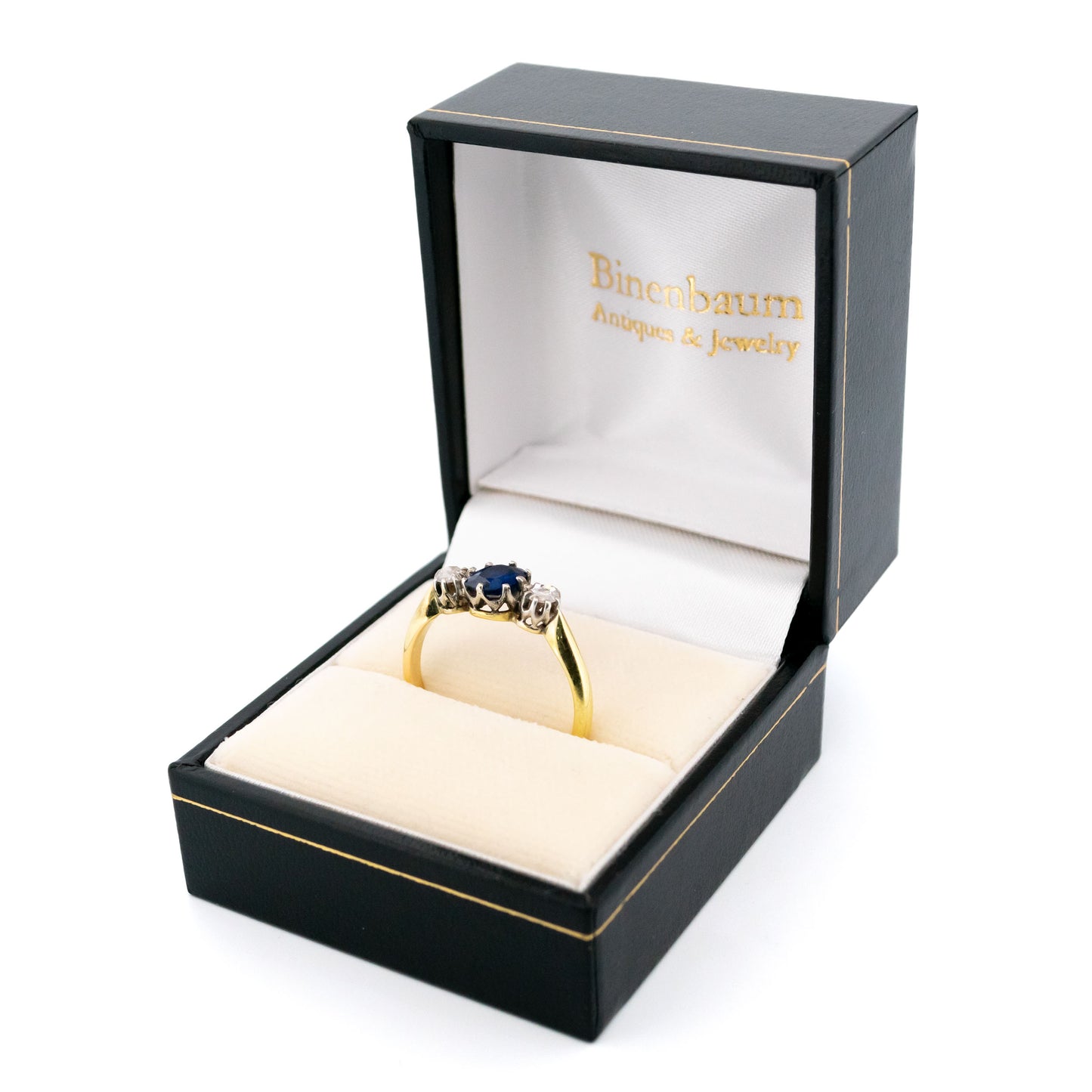 Vintage 14 Carat Yellow Gold, Silver, Sapphire and Diamond Three Stone Ring