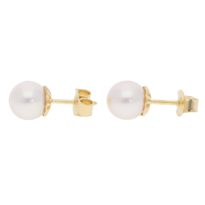 Modern 8mm Akoya Pearl Stud Earrings in Yellow Gold