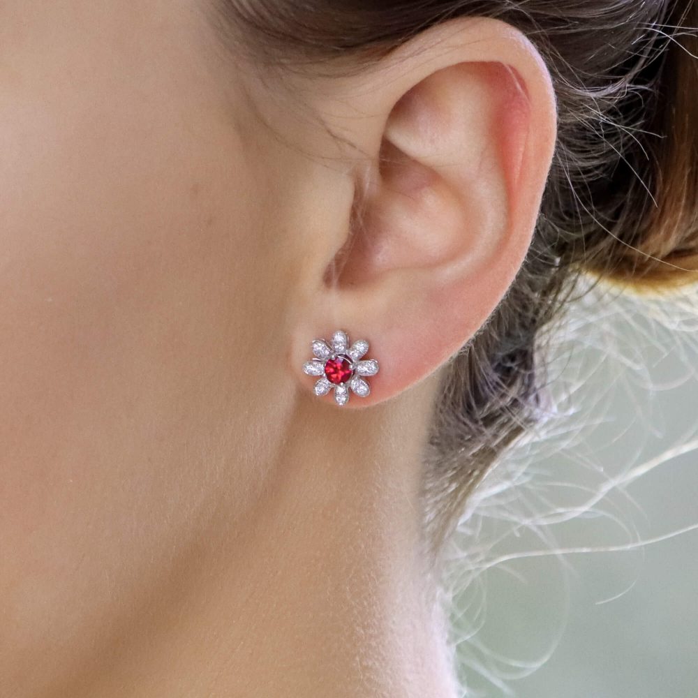 Interchangeable Ruby Sapphire Diamond Pearl Stud Earrings with Removeable Floral Surrounds