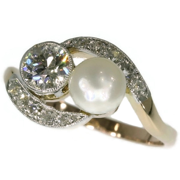 Antique Belle Epoque Diamond and Pearl Two Stone Ring