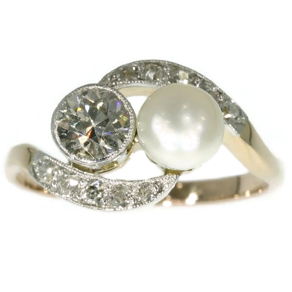 Antique Belle Epoque Diamond and Pearl Two Stone Ring