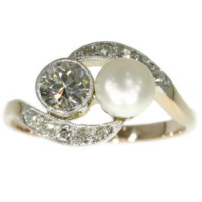 Antique Belle Epoque Diamond and Pearl Two Stone Ring