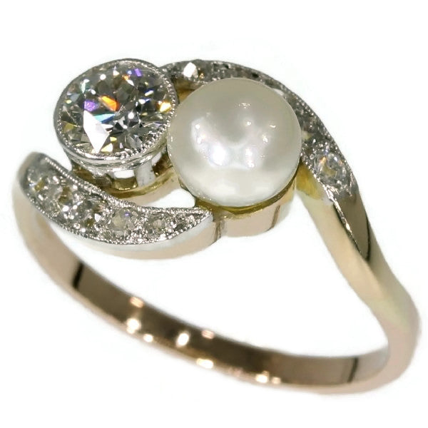 Antique Belle Epoque Diamond and Pearl Two Stone Ring