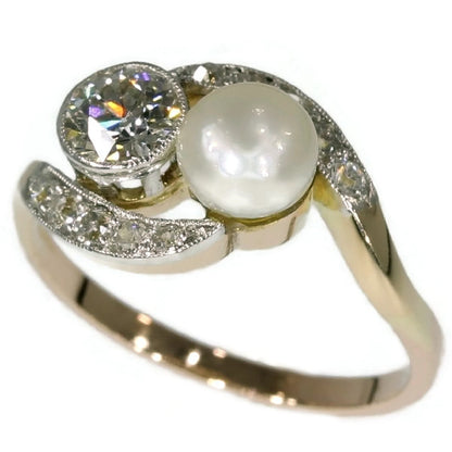 Antique Belle Epoque Diamond and Pearl Two Stone Ring