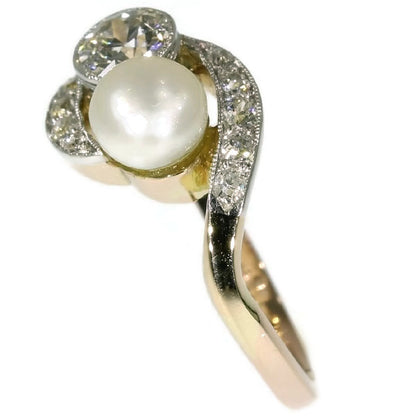 Antique Belle Epoque Diamond and Pearl Two Stone Ring