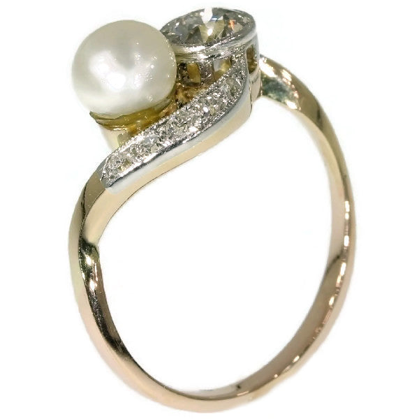 Antique Belle Epoque Diamond and Pearl Two Stone Ring