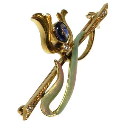 Antique Art Nouveau Enamelled Sapphire and Diamond Set Brooch, 18ct Gold