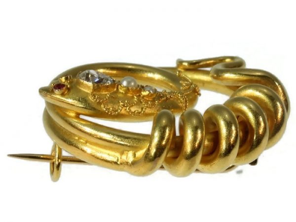 Antique Victorian Diamond and Pearl Set Snake Brooch