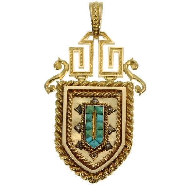 Antique French Victorian 18ct Yellow Gold Turquoise and Diamond Locket