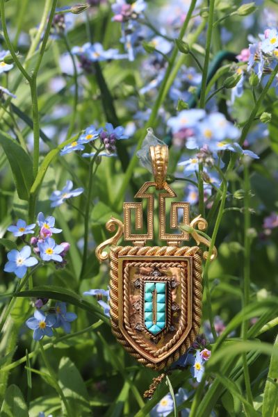 Antique French Victorian 18ct Yellow Gold Turquoise and Diamond Locket
