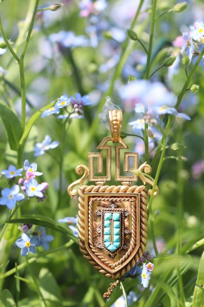 Antique French Victorian 18ct Yellow Gold Turquoise and Diamond Locket