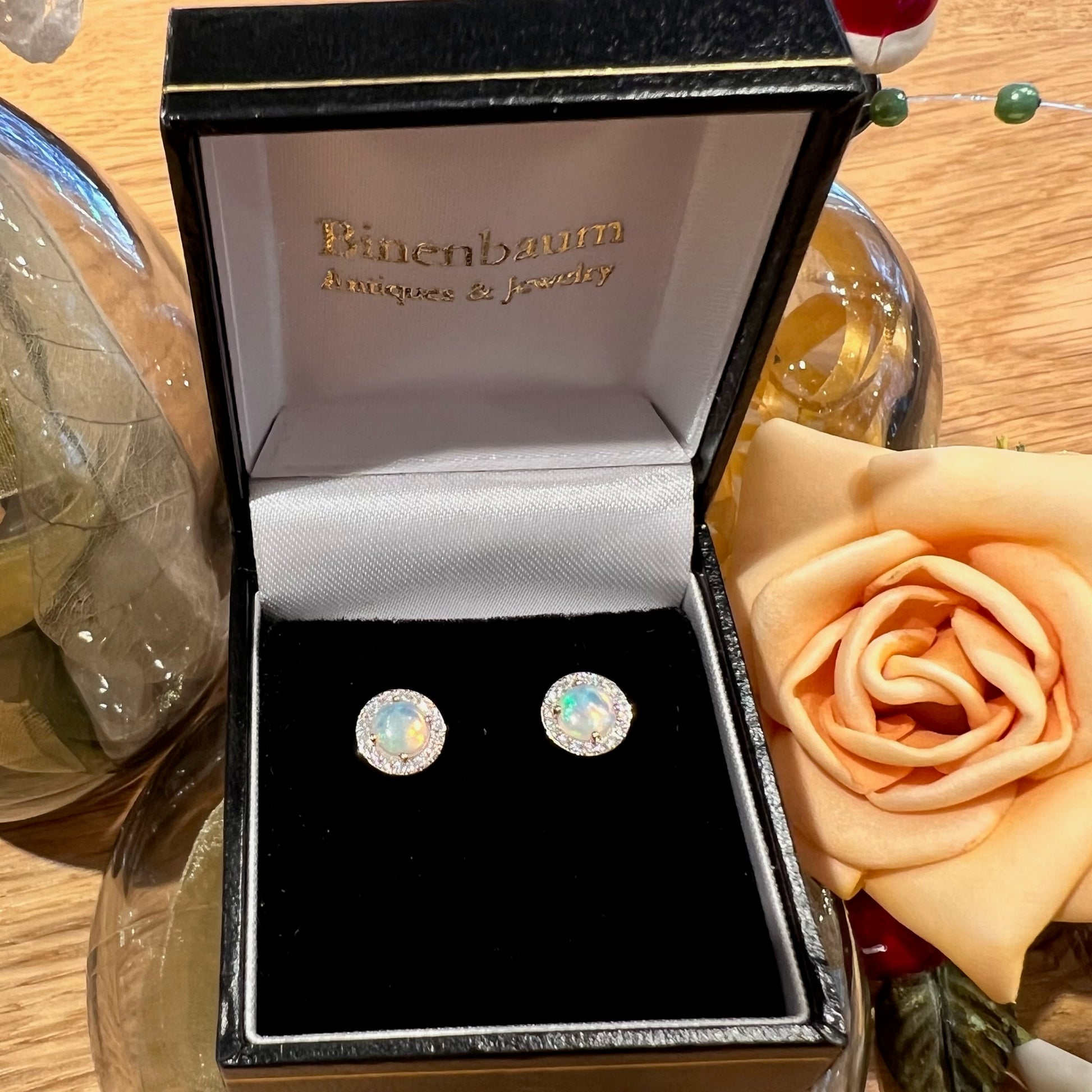 Modern 14 Carat Gold Opal and Diamond Round Cluster Stud Earrings