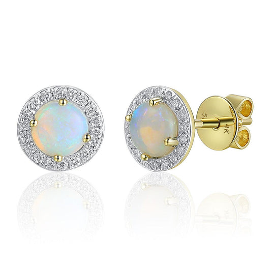 A pair of yellow and white gold opal and diamond round cluster stud earrings