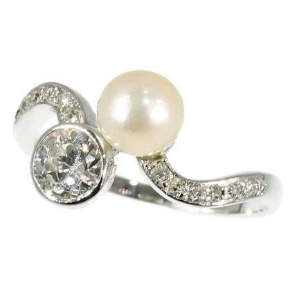 Antique Belle Epoque Diamond and Pearl Toi et Moi Ring