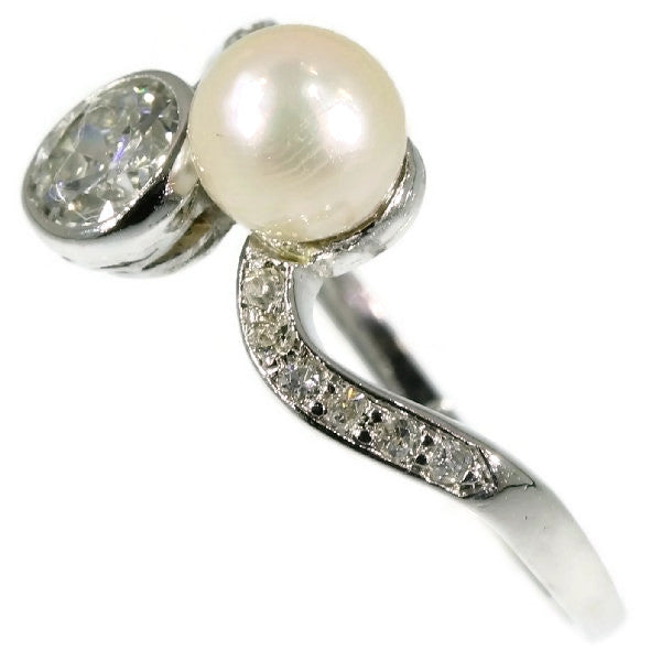 Antique Belle Epoque Diamond and Pearl Toi et Moi Ring