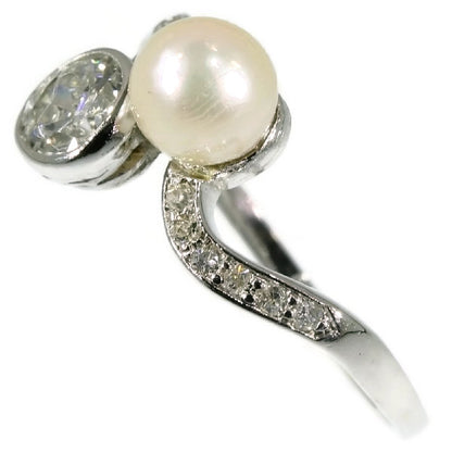 Antique Belle Epoque Diamond and Pearl Toi et Moi Ring