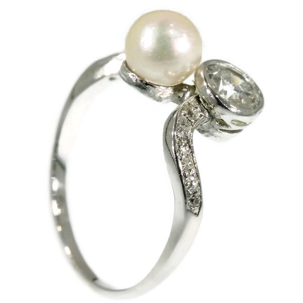 Antique Belle Epoque Diamond and Pearl Toi et Moi Ring