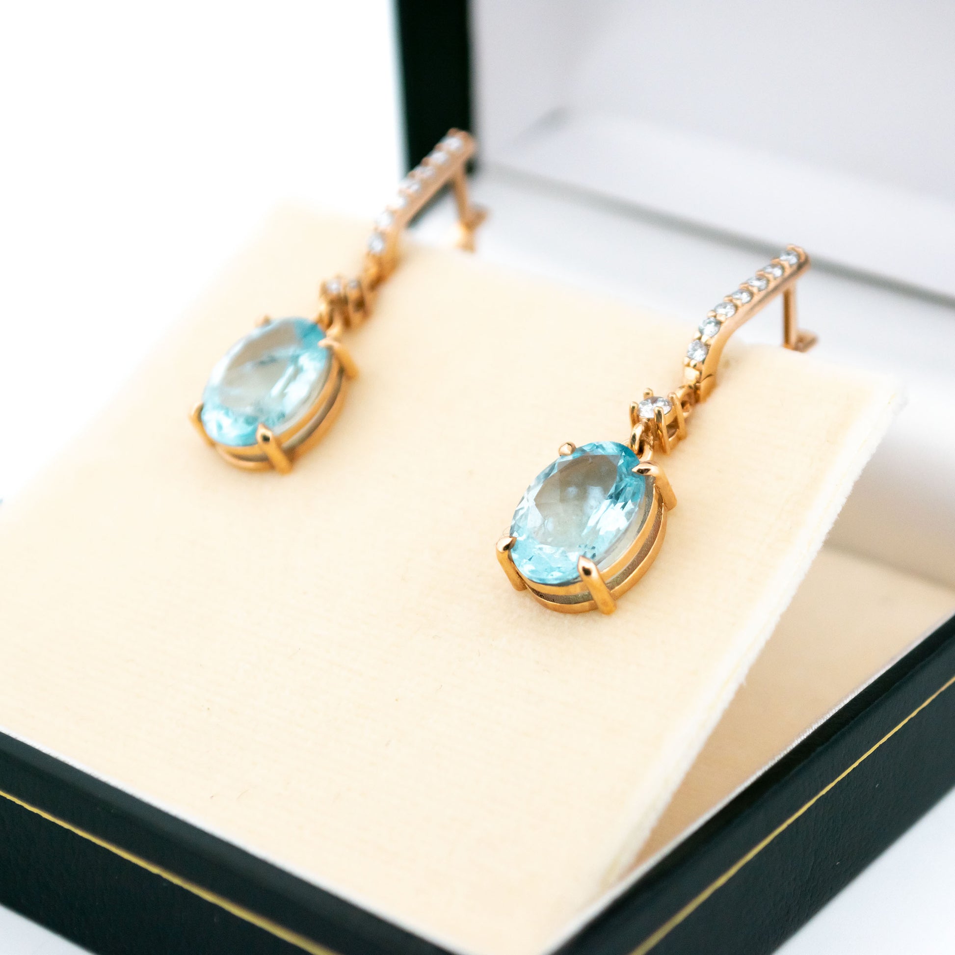 Contemporary 14 Carat Yellow Gold Aquamarine and Diamond Drop Earrings