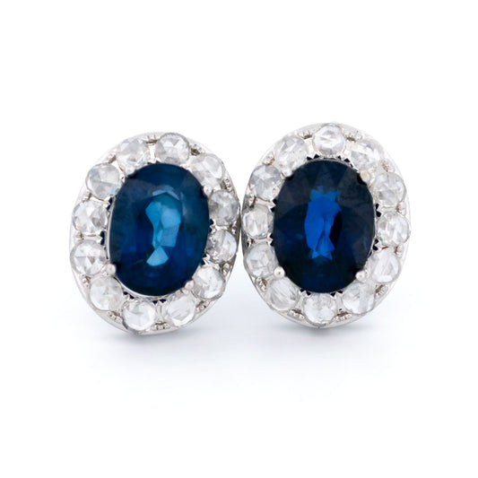 Sapphire and Diamond Oval Shape Cluster Earrings&nbsp;