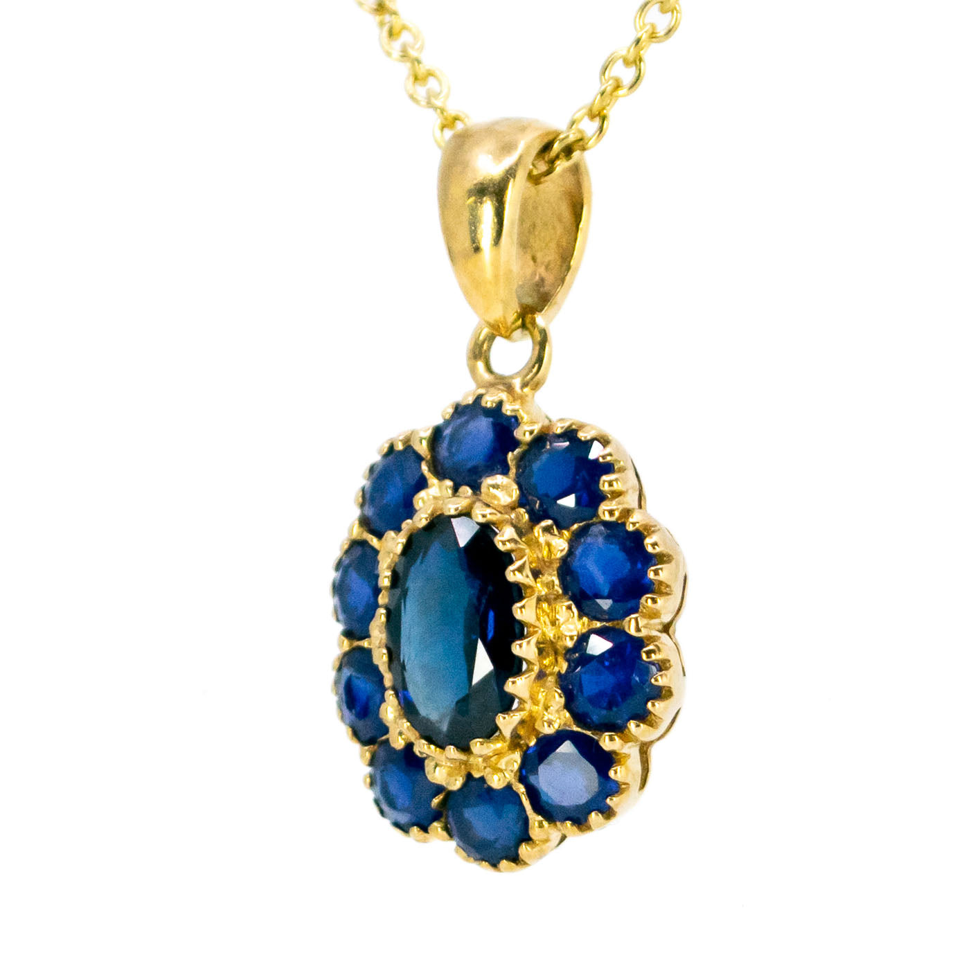 Modern 14 Carat Yellow Gold Sapphire Oval Cluster Pendant, 1.50 Carats